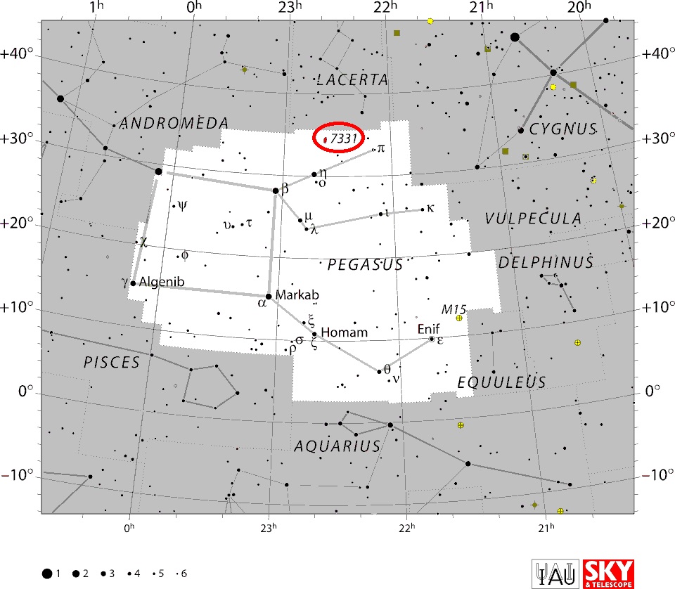 La costellazione di Pegaso, che nella sua parte settentrionale ospita NGC 7331, teatro dell'esplosione di SN2026aaiv.