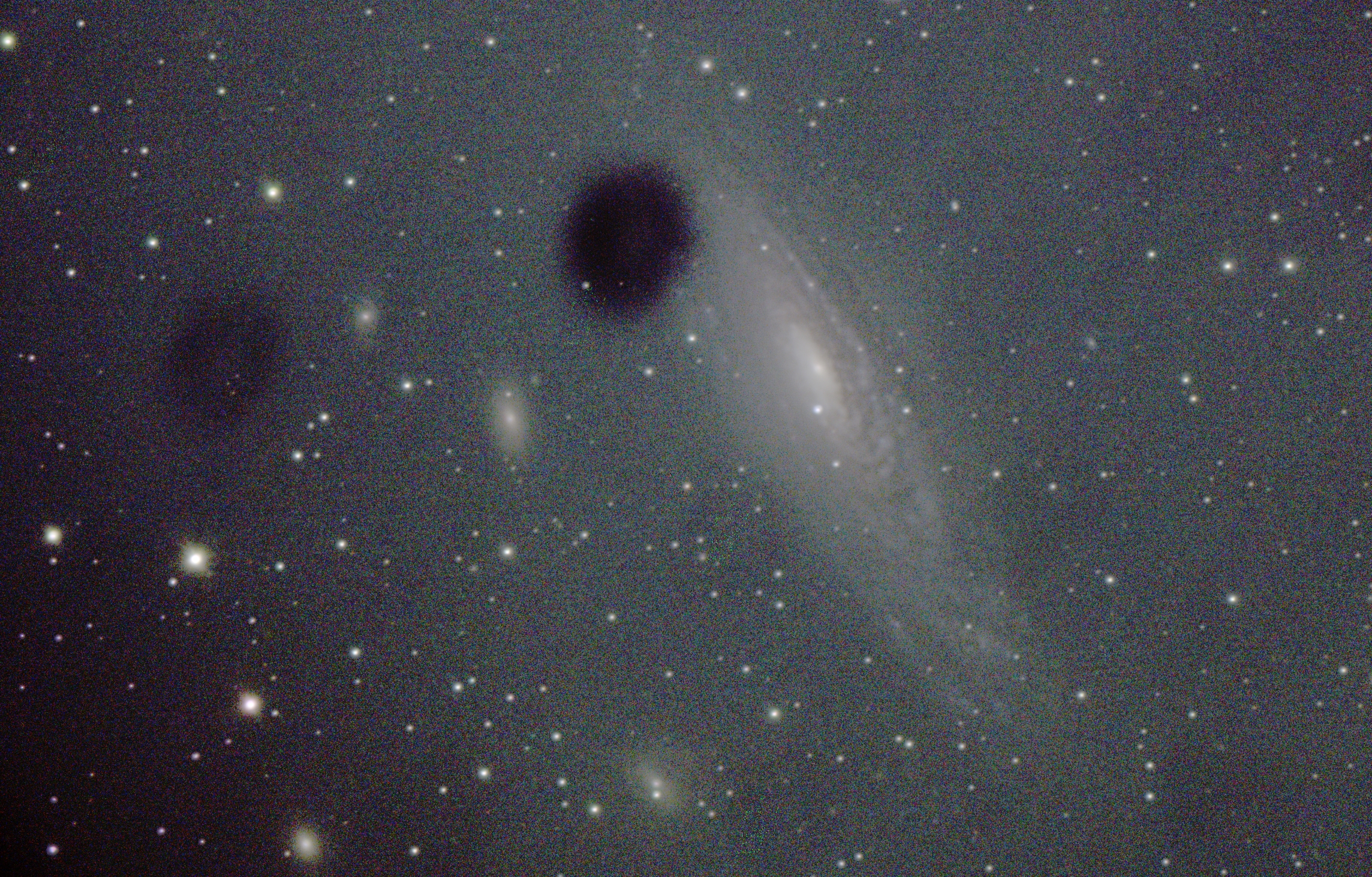 Stack di 101 pose da 30 secondi di NGC 7331 senza frame di calibrazione: sono visibili le ombre ad anello dei granelli di polvere.
